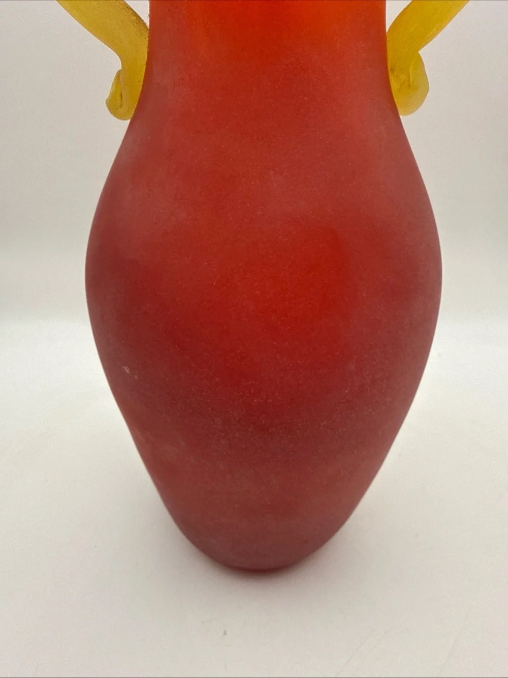 Murano Style Glass Vase Amphora Roman Style Red w/ Yellow Scroll Handles Scavo